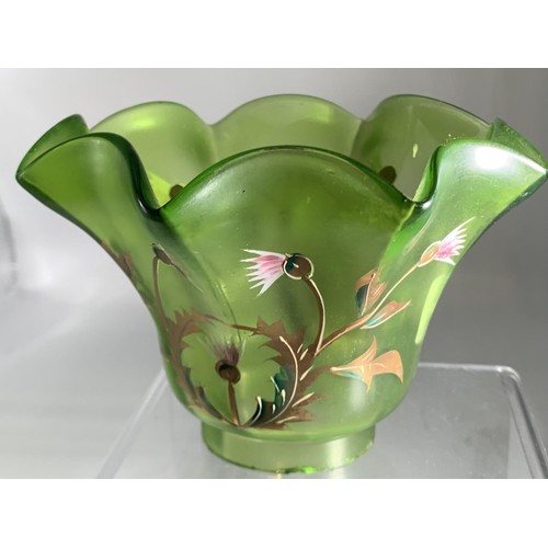 714 - VICT HANDPAINTED GREEN GLASS PEG LAMP SHADE