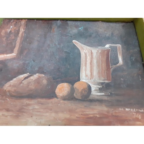 748 - OIL ON BOARD STILL LIFE SIGNED M.MCKEOWN 19X15