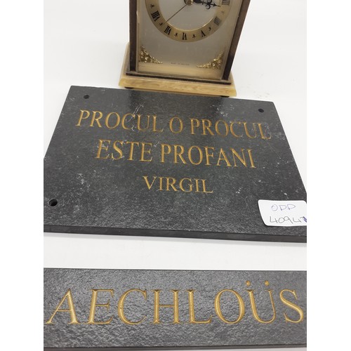 558 - 2 SLATE SIGNS IN LATIN AND CARRIAGE CLOCK