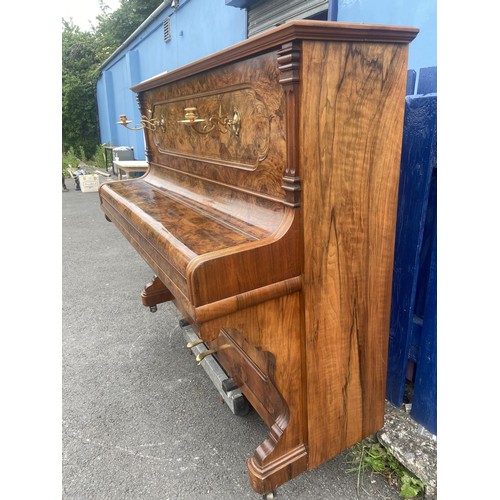 578 - BIRDS EYE WALNUT UPRIGHT PIANO BY HUMMEL WITH ART NOUVEAU BRASS CANDLE SCONSE