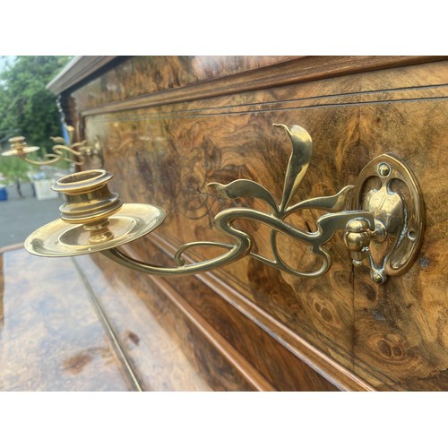 578 - BIRDS EYE WALNUT UPRIGHT PIANO BY HUMMEL WITH ART NOUVEAU BRASS CANDLE SCONSE