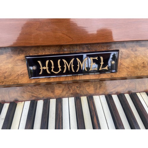 578 - BIRDS EYE WALNUT UPRIGHT PIANO BY HUMMEL WITH ART NOUVEAU BRASS CANDLE SCONSE