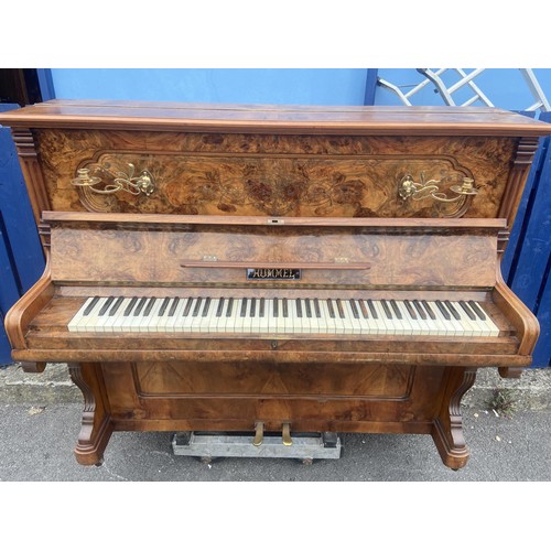 578 - BIRDS EYE WALNUT UPRIGHT PIANO BY HUMMEL WITH ART NOUVEAU BRASS CANDLE SCONSE