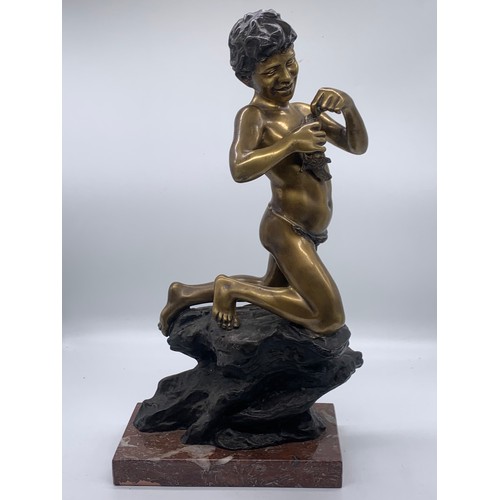 717A - BEAUTIFUL ANTIQUE GILDED BRONZE BOY FISHING FIGURINE SIGNED ON A MARBLE BASE