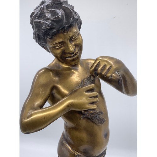 717A - BEAUTIFUL ANTIQUE GILDED BRONZE BOY FISHING FIGURINE SIGNED ON A MARBLE BASE