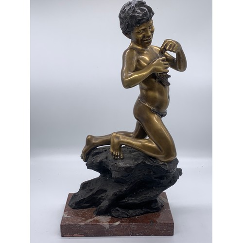 717A - BEAUTIFUL ANTIQUE GILDED BRONZE BOY FISHING FIGURINE SIGNED ON A MARBLE BASE