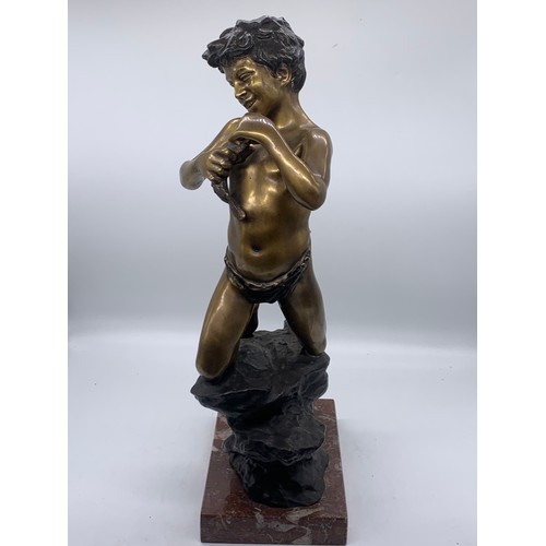 717A - BEAUTIFUL ANTIQUE GILDED BRONZE BOY FISHING FIGURINE SIGNED ON A MARBLE BASE