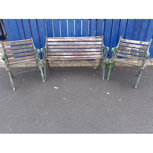 882 - A CAST ENDS GARDEN FURNITURE OF BENCH AND 2 CHAIRS (NEEDS NEW TIMBERS)