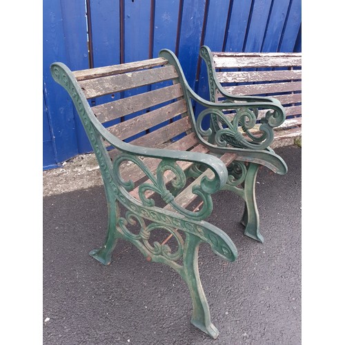 882 - A CAST ENDS GARDEN FURNITURE OF BENCH AND 2 CHAIRS (NEEDS NEW TIMBERS)