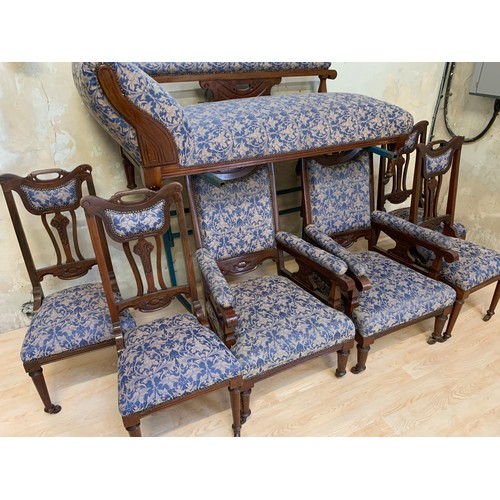 17 - 7 PIECE ORNATE PARLOUR SUITE WITH HEAVY CARVING RECENTLY RECOVERED TO INCLUDE CHAISE, A PAIR OF FIRE... 
