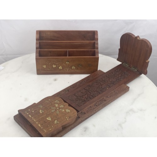 71 - CARVED ADJUSTABLE BOOKENDS WITH BRASS INLAY AND MATCHINMG DESK TIDY