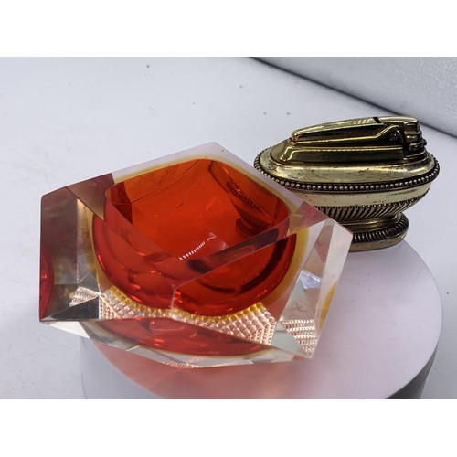 72 - RONSON TABLE LIGHTER AND COLOURED GLASS ASHTRAY
