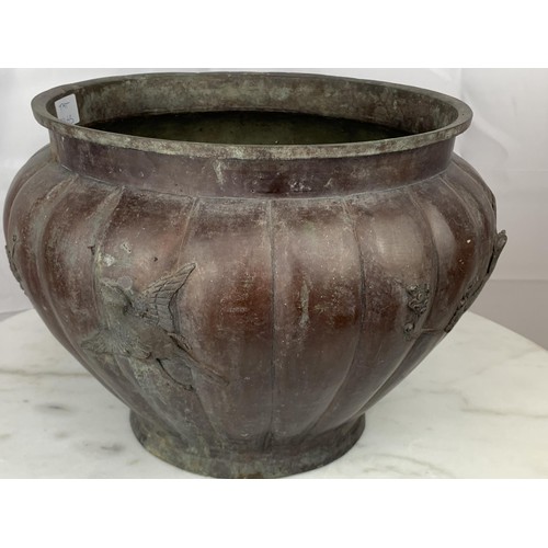138 - ORIENTAL BRONZE POT/JARDINAIRE WITH STORKS & MARKINGS TO THE BASE