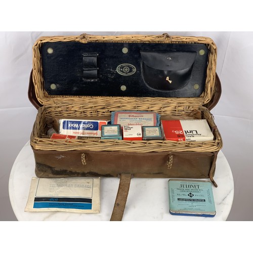 95 - A VERY UNUSUAL LOT AN ORIGINAL WILLOW BASKET  WITH COVER FIRST AID KIT FOR ST JOHNS AMBULANCE