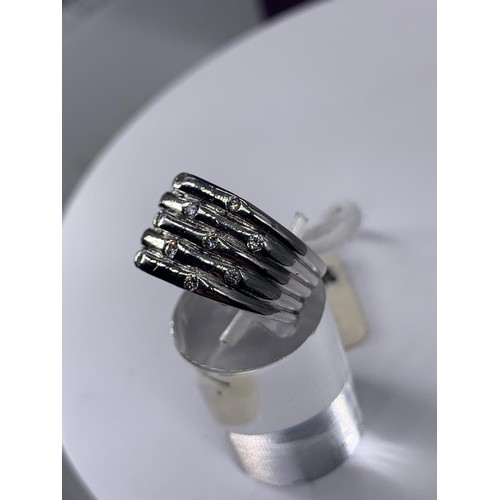 158 - BAMBOO STYLE RING STAMPED 18CT WHITE GOLD SET WITH 17 DIAMONDS WEIGHS 11.6GRAMS TOTAL SIZE L/M