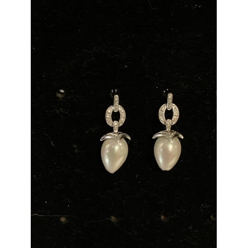 180 - DROP PEARL & DIAMOND EARRINGS IN 9CT WHITE GOLD