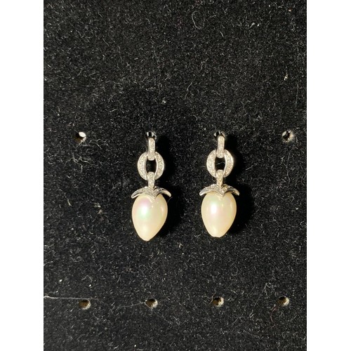 180 - DROP PEARL & DIAMOND EARRINGS IN 9CT WHITE GOLD