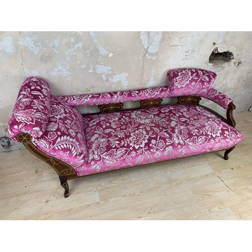 275 - A HIGHLY INLAID CHAISE THAT HAS BEEN RECOVERED IN A MODERN MATERIAL