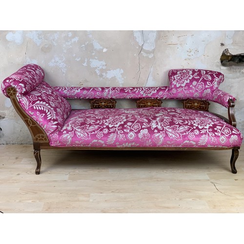 275 - A HIGHLY INLAID CHAISE THAT HAS BEEN RECOVERED IN A MODERN MATERIAL