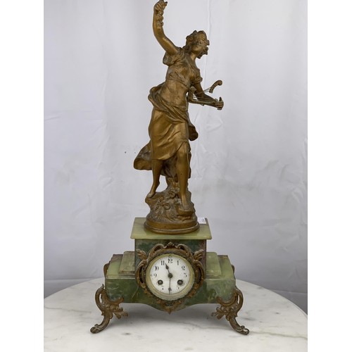 222 - A FRENCH ONYX/MARBLE MANTLE CLOCK WITH ORMULU MOUNTS AND FIGURE 23