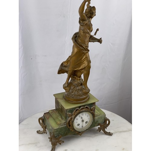 222 - A FRENCH ONYX/MARBLE MANTLE CLOCK WITH ORMULU MOUNTS AND FIGURE 23