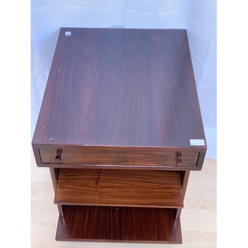 288 - A DANISH ROSEWOOD SINGLE DRAWER TABLE WITH  SHELVES AND IT ALSO SWIVELS