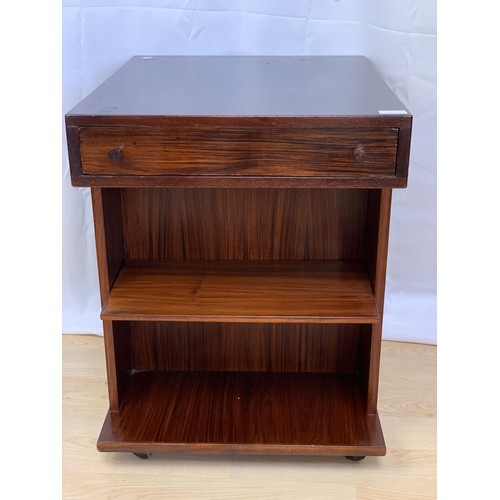 288 - A DANISH ROSEWOOD SINGLE DRAWER TABLE WITH  SHELVES AND IT ALSO SWIVELS