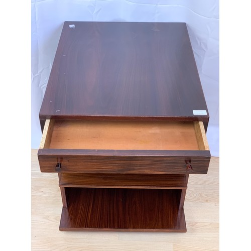 288 - A DANISH ROSEWOOD SINGLE DRAWER TABLE WITH  SHELVES AND IT ALSO SWIVELS