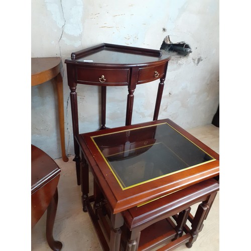 3 - 4 PIECE LOT (CORNER TABLE,SMALL DROP LEAF,HALH MOON TABLE,NEST TABLES)