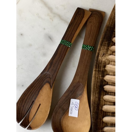 93 - AN AFRICAN WOODEN SALAD SERVER TRAY & SERVERS