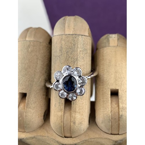 236 - A 14ct WHITE GOLD (TESTED) BLUE AND WHITE SAPPHIRE RING (3.2grms) SIZE O/P