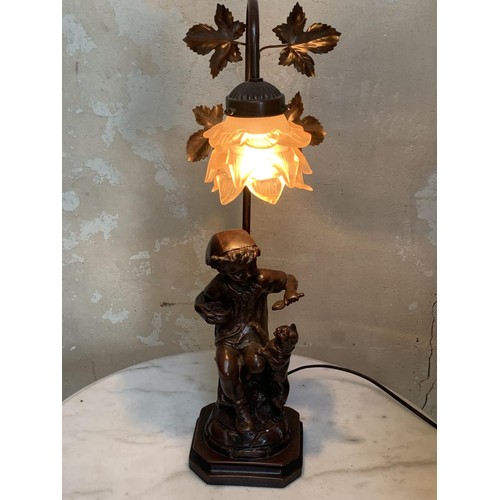 157 - A BRONZED FINISH FIGURENE LAMP WITH A TULIP SHADE