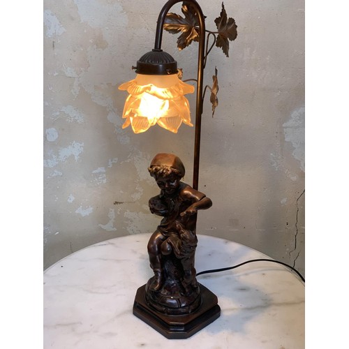 157 - A BRONZED FINISH FIGURENE LAMP WITH A TULIP SHADE