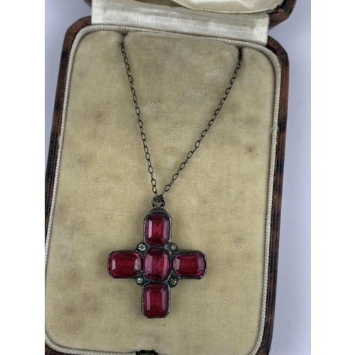 257 - 800 HALLMARKED SILVER SET RUBY CROSS WITH CORNER SET CRYSTALS ON MATCHING CHAIN