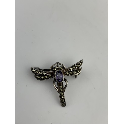 262 - A SILVER DRAGONFLY BROOCH WITH MARCASITE AND AMETHYST