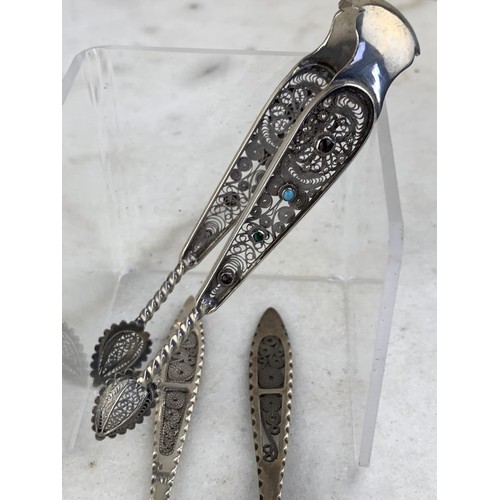 272 - A VERY ORNATE SILVER FILIGREE SUGAR TONGS SET WITH GARNET,TURQUOISE &EMERALD AND SILVER FILIGREEHAND... 