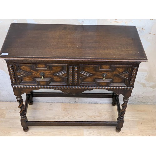 46 - A VICTORIAN OAK CARVED PILLARED SINGLE DRAWER CONSOL TABLE 36x33x16