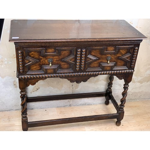 46 - A VICTORIAN OAK CARVED PILLARED SINGLE DRAWER CONSOL TABLE 36x33x16