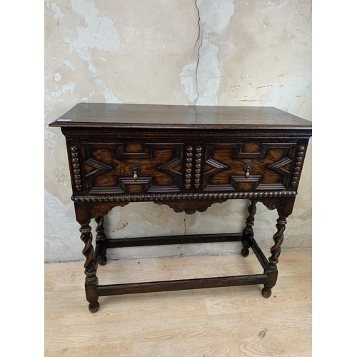 46 - A VICTORIAN OAK CARVED PILLARED SINGLE DRAWER CONSOL TABLE 36x33x16