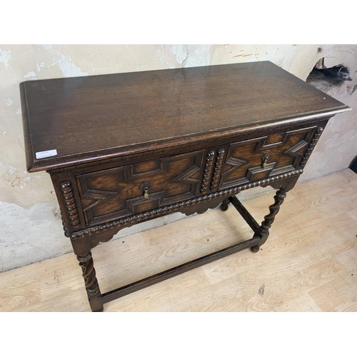 46 - A VICTORIAN OAK CARVED PILLARED SINGLE DRAWER CONSOL TABLE 36x33x16