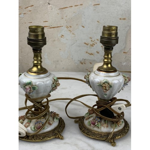 58 - A PAIR OF MINIATURE BRASS & VIENNA PORCELIAN STYLE LAMPS IN P.W.O 7