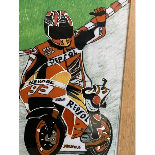 111 - BEECH FRAMED ROAD RACING PAINTING BY G MCCLEAN 14 x 19