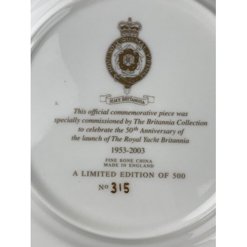 398 - A LIMITED EDITION ROYAL BRITANNIA PLATE CELEBRATING THE 50TH ANNIVERSARY 315/500 IN ITS ORIGINAL BOX... 