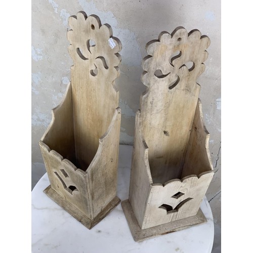 548 - A PAIR OF ANTIQUE PINE LETTER HOLDERS/SALTS