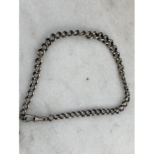 557 - A WHITE METAL WATCH CHAIN (PLATED ) WITH MEDAL