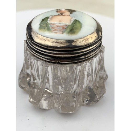 568 - A CUT CRYSTAL SNUFF JAR WITH A FULLY HALLMARKED SILVER LID & HAND PAINTED PORCELAIN INSET