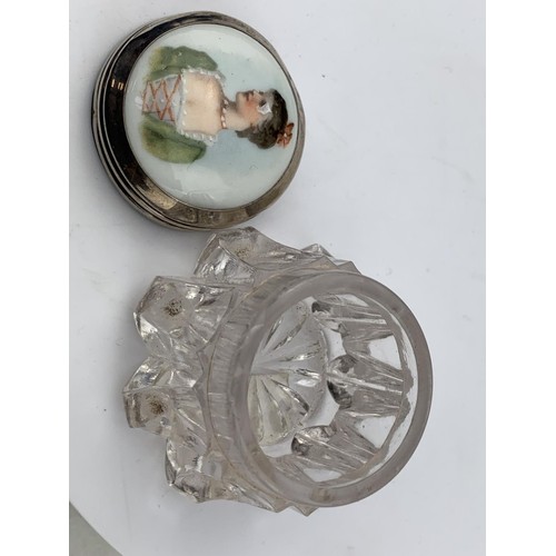 568 - A CUT CRYSTAL SNUFF JAR WITH A FULLY HALLMARKED SILVER LID & HAND PAINTED PORCELAIN INSET