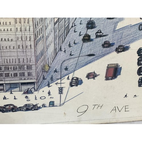 625 - A VINTAGE UNFRAMED SAUL STEINBURG PRINT ON BOARD A VIEW OF THE WORLD FROM 9TH AVENUE 29 x 41