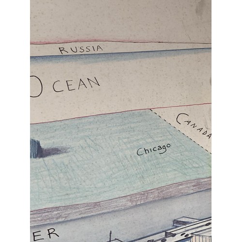 625 - A VINTAGE UNFRAMED SAUL STEINBURG PRINT ON BOARD A VIEW OF THE WORLD FROM 9TH AVENUE 29 x 41