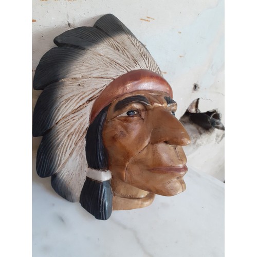 691 - A WOODEN CARVED INDIAN HEAD (WALL HANGING 12X10